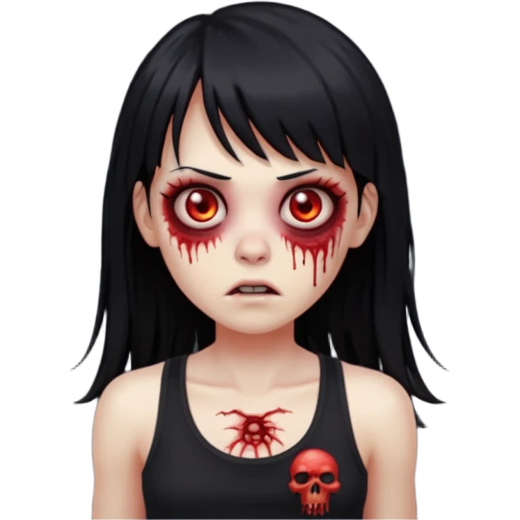 Zombie emoji with long black hair and bangs, big red eyes, small nose, and a simple black tank top. emoji