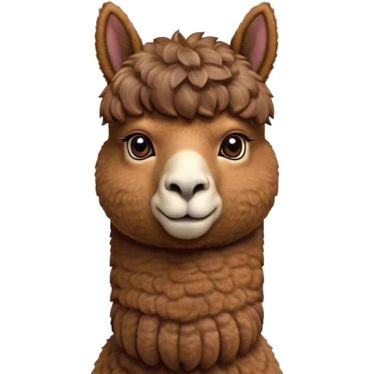 Cinematic Noble Brown Alpaca Portrait Emoji, Poised and regal, with a sturdy, graceful build and a rich, well-groomed brown fleece, deep-set soulful warm eyes, Simplified yet sharp and sophisticated features, highly detailed, glowing with a soft, dignified glow, high shine, intelligent and serene, stylized with an air of pastoral elegance, focused and attentive, soft glowing outline, capturing the essence of a watchful and confident companion, so majestic it feels as though it could stride out of the screen with effortless authority! emoji