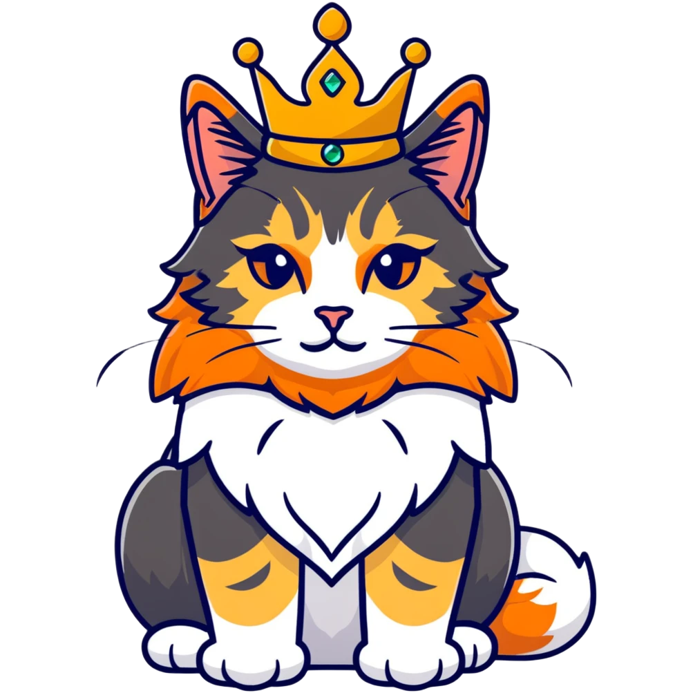 regal calico maine coon cat with orange, black and white fur wearing a jeweled crown emoji