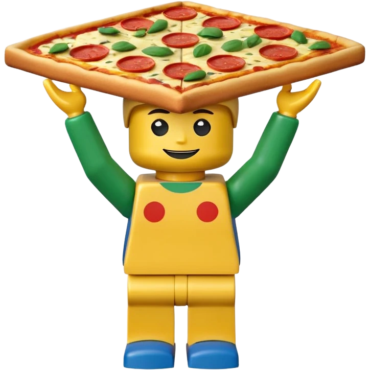 Minifigure: yellow square head  blue square troso rectangular yellow arms and green legs with a pizza on the head emoji