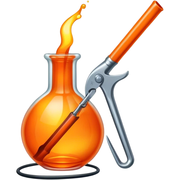 Glassworking icon, piece of glass being shaped, glassblower's pipe, molten glass, tools like glass cutters and pliers, glowing orange glass, minimalistic style, clean lines, transparent background. emoji