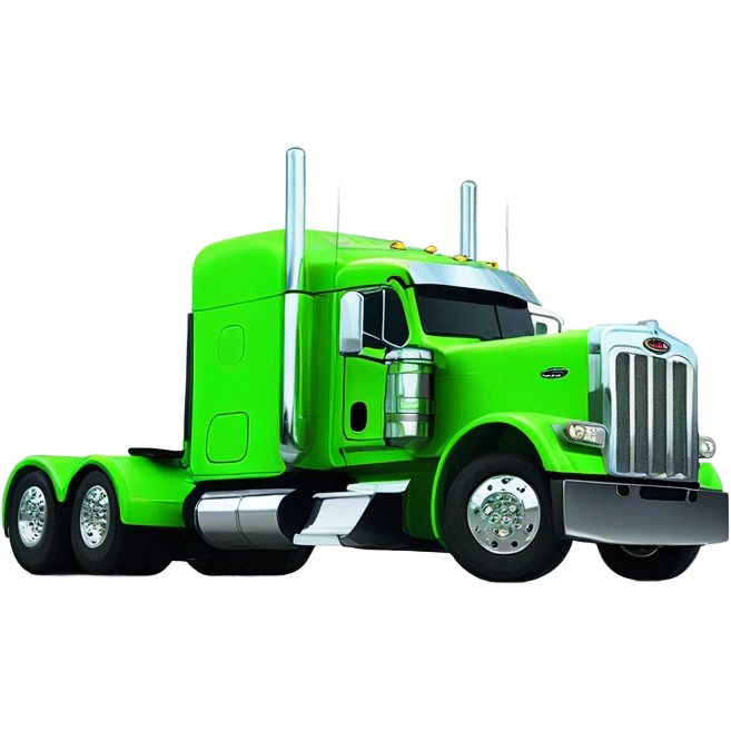 neon green peterbilt semi truck lowered on the ground with large chrome wheels and chrome smoke stacks profile view emoji