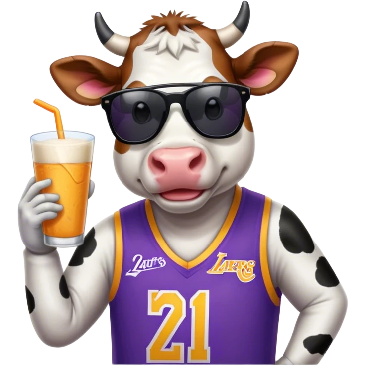 Dairy cow wearing sunglasses and a Laker jersey  emoji