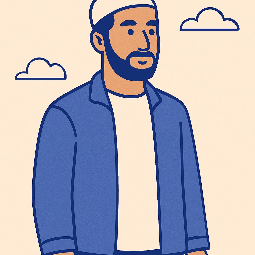 Middle Eastern man, neutral expression, modern clothing, simple background, digital illustration emoji