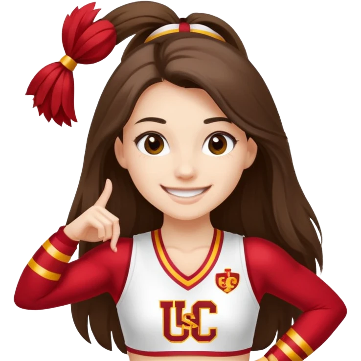 skinny white happy long haired brunette girl in a white USC cheerleader outfit with the letters USC emoji