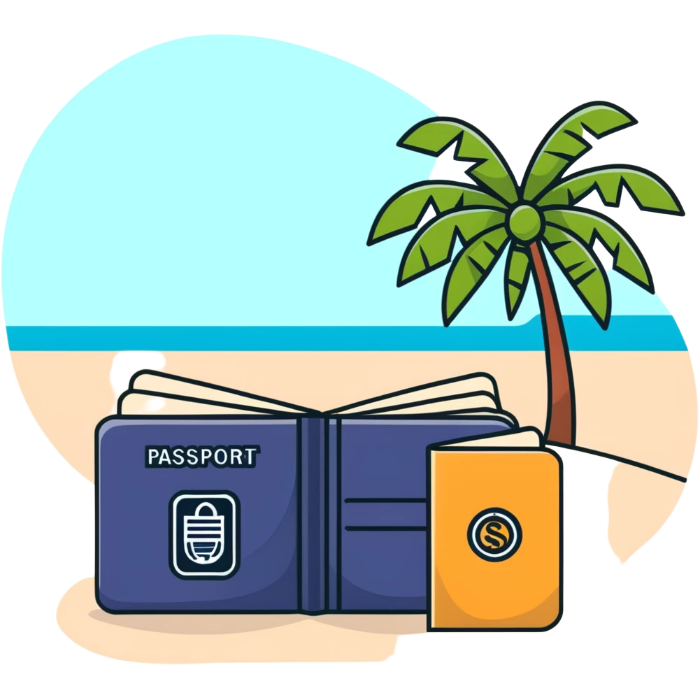 Travel discount offer with palm tree, beach and passport emoji