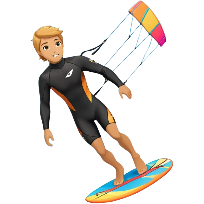 An athlete in a wetsuit riding a kiteboard, soaring over the sea waves with the kite high in the sky. The background features a vibrant blue sky and crashing ocean waves, capturing the thrill and freedom of kitesurfing in dynamic motion. emoji