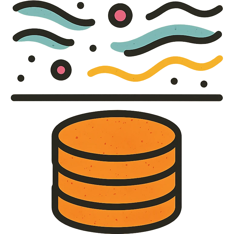 abstract minimalist icon of stacked disks partially submerged below a horizontal line representing underground, with flowing abstract data streams of lines, dots, or waves, worn and distressed effect emoji