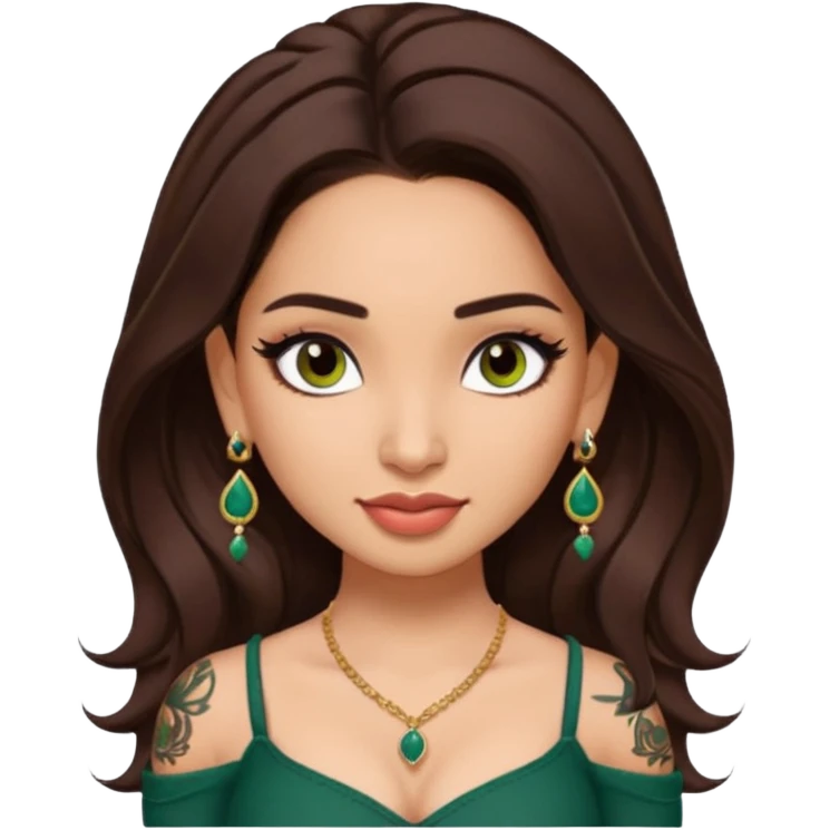 pretty bratz genmoji that looks like tamannah bhatia (bollywood actress), wearing a dark green sweetheart neckline top, dark brown hair, light makeup, no necklace, dangly earrings, side hair part, dark brown eyes, with full tattoos and neck tattoo emoji