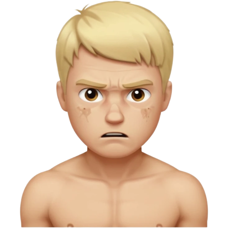 a blond guy with a short haircut, a tired and angry face, no shirt, with bruises under his eyes, and signs of beatings on his body emoji