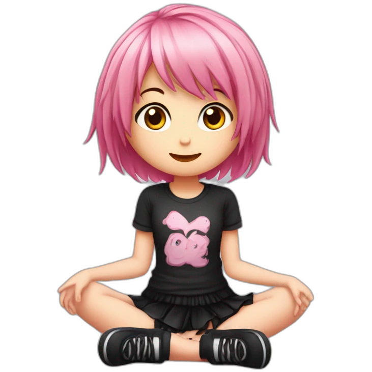 Full body Front view curvy emo girl pink hair sits on the floor straight view hands up black skirt полосатые рваные чулки emoji