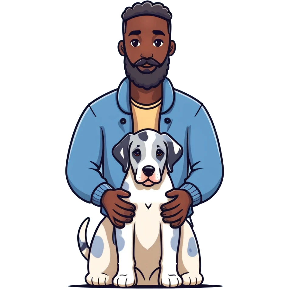 man and dog, tall bearded dark-skinned man, blue Merle Great Dane puppy, illustration style emoji