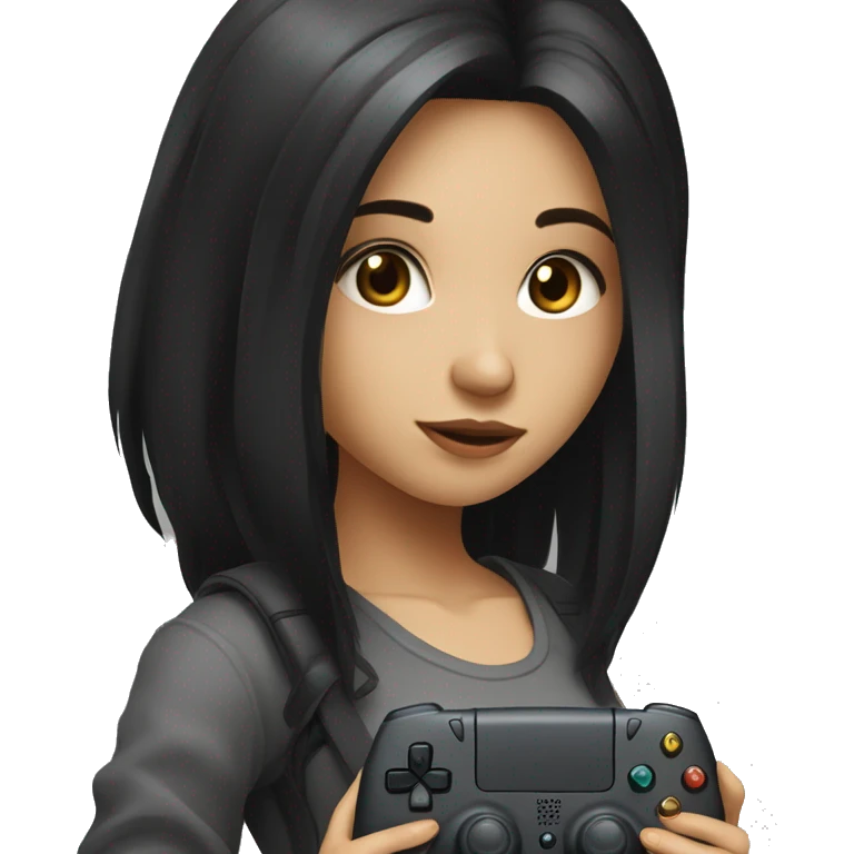 Gamer girl holding console with long sleeve top black hair black brown eyes emoji