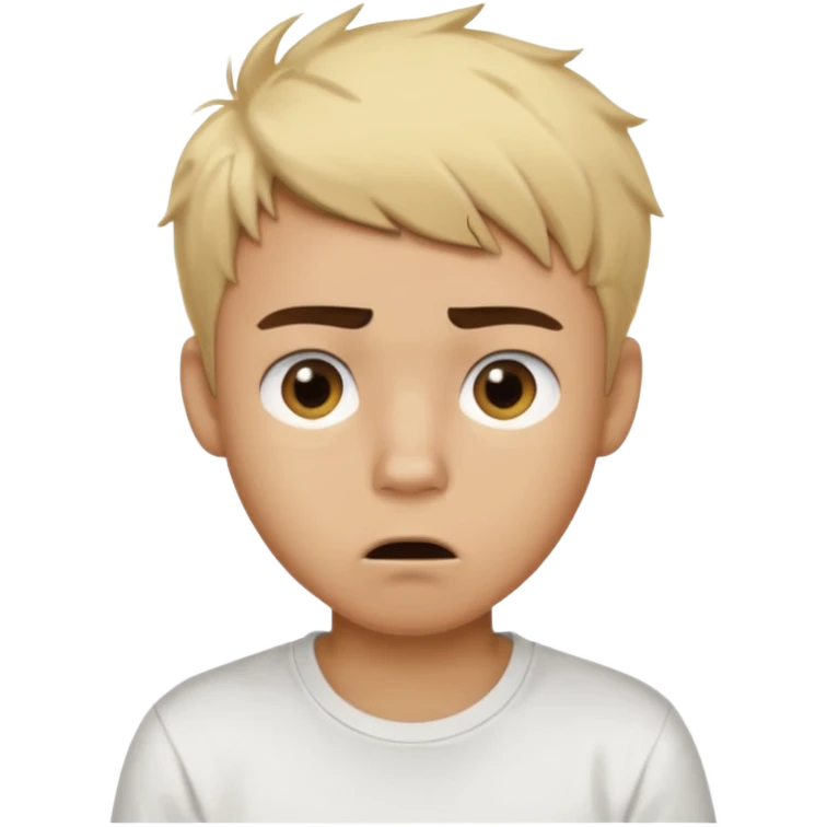 Short buzz, messy blonde hair. Dark brown bushy eyebrows large expressive golden-brown eyes, wearing a plain white t-shirt. Male Teenager. light Dark Brown skin color. Confused mouth gape emoji