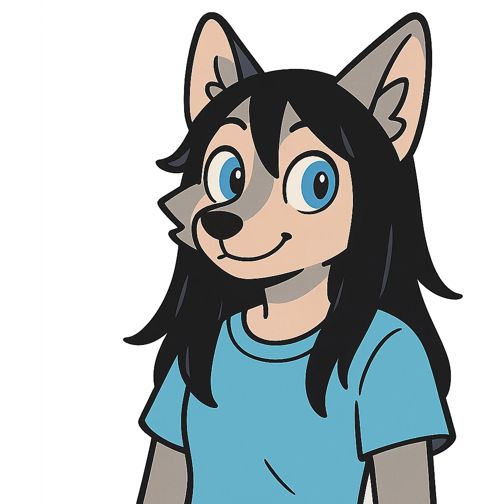 anime style wolf furry character with blue eyes, long black hair, wearing a light blue shirt emoji