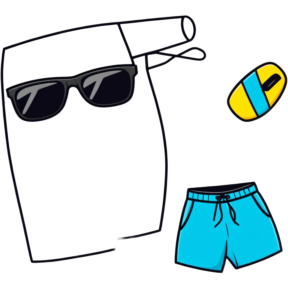 swimming board shorts and separate sunglasses on beach towel in same composition emoji