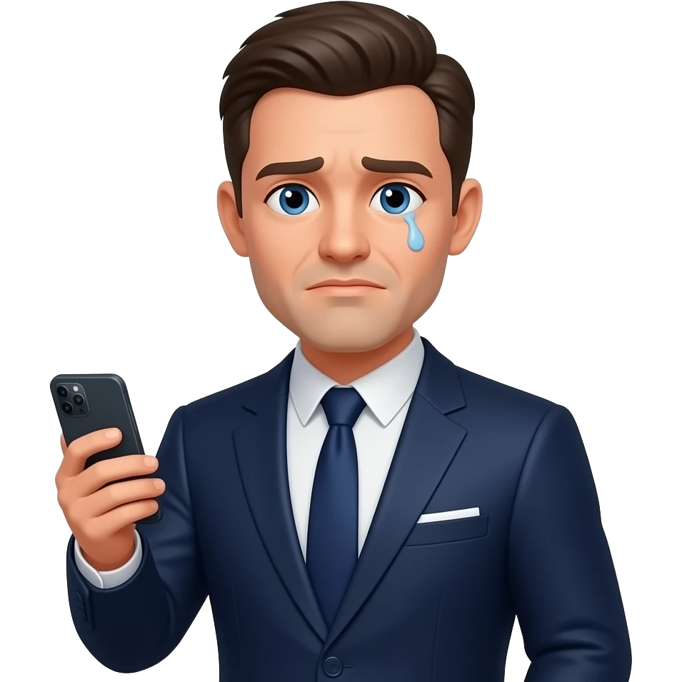 Hombre con traje,con el celular, cansado emoji