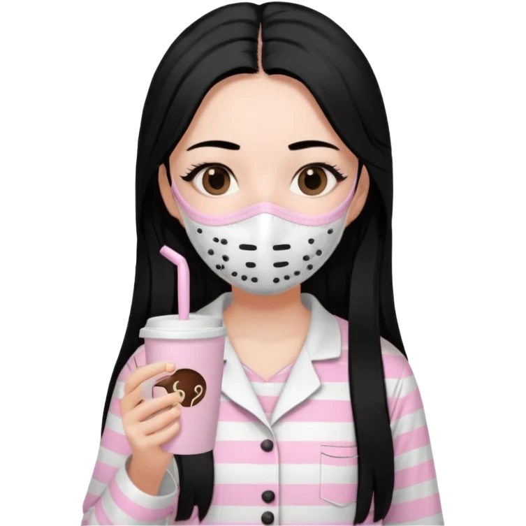 chica de pelo lacio color negro cabellera larga piyama blanca con rayas rosa claras peo no tan claras no oscuras el bordado es negro al igual que los botones )tiene una mascarilla para la carablanca y sostiene y cafe con bolitas nedras al dondo con unsorbete tranparente y es de test blanca  emoji