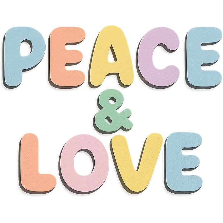 Soft pastel rainbow rounded bold letters for "Peace & Love", kawaii cute font, no border, transparent background emoji