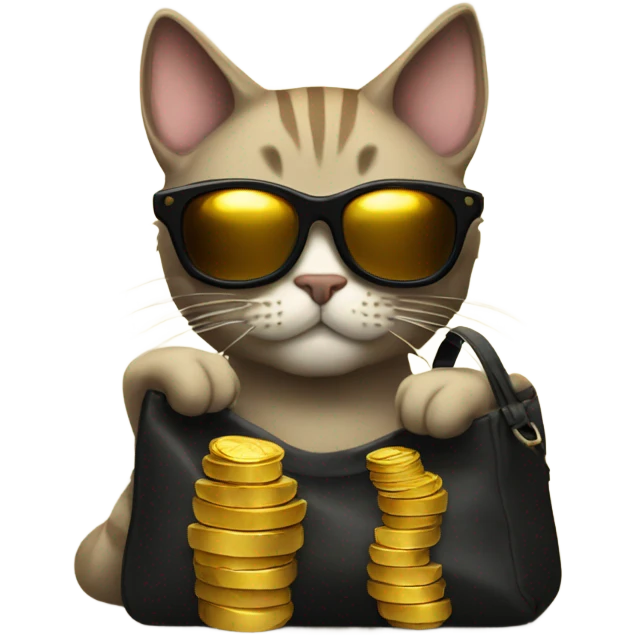 cat in brutal dark glasses with a bag of gold coins emoji