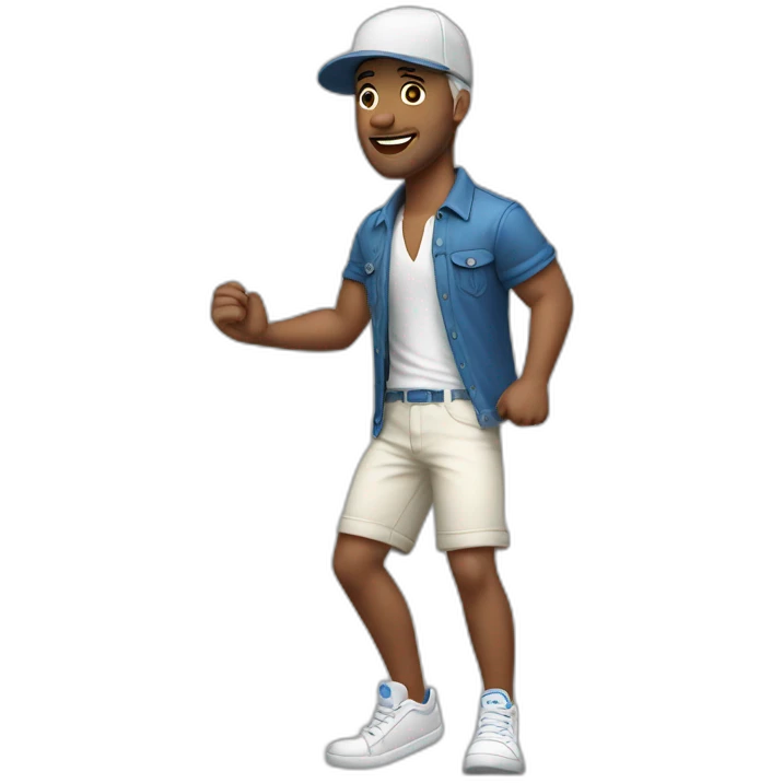 white man, cross earring, cap and short shorts, dancing emoji