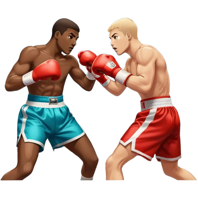 Two professional boxers in the ring, fighting for the world champion title. One delivers a long punch to the head, while the other skillfully dodges. The background features a crowded arena with bright lights and intense action. Transparent background emoji