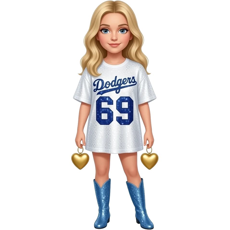 Sabrina carpenter blonde hair wearing an oversized sequin white tshirt that says Dodgers in navy blue sequins. Under that it says 69. She is wearing light blue sequin boots with a gold heart hanging from each of them emoji
