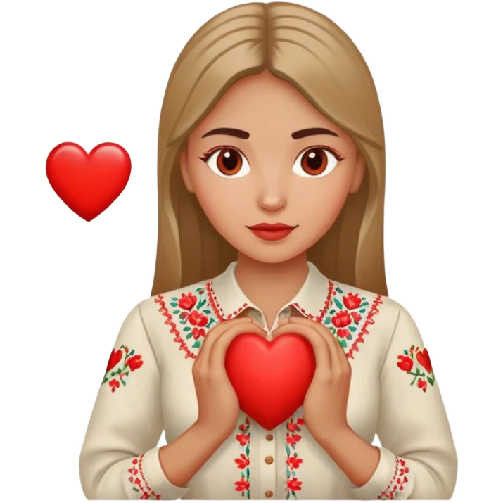 A Ukrainian woman in an embroidered shirt holds a heart in her hands emoji