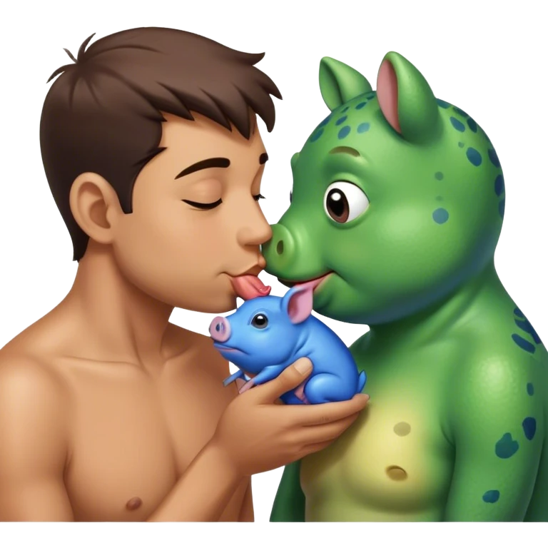 Two cave MEN kissing a blue pig frog at once emoji