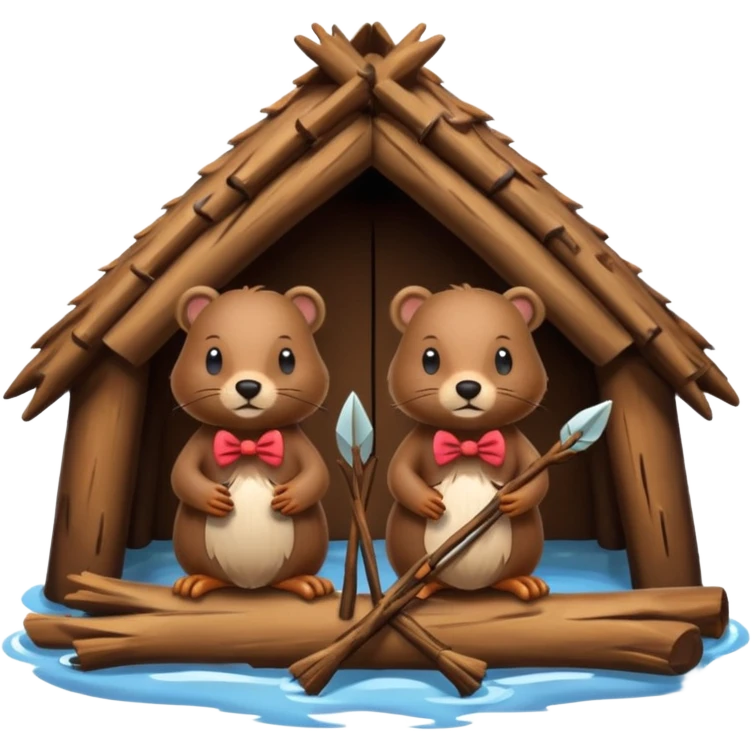 a beaver couple, one a female with a bow on her head in a beaver home made of sticks and logs emoji