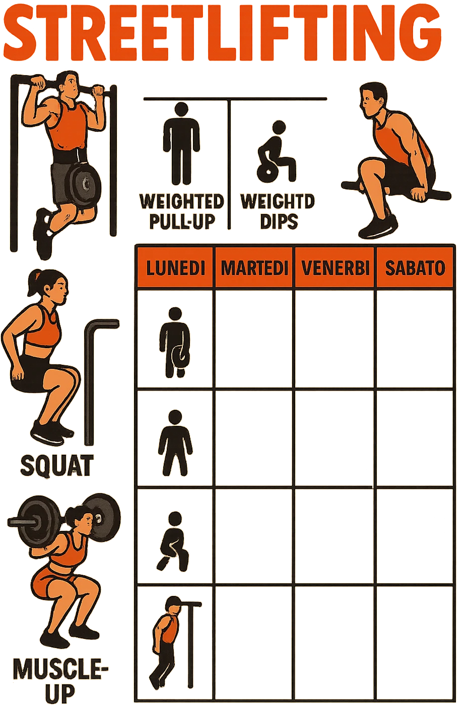 a streetlifting training sheet with icons for each exercise—weighted pull-ups, weighted dips, squats, muscle-ups—organized in a weekly schedule. Around the sheet, small illustrations show athletes performing each movement with proper form. The color palette is bold and energetic, and the background is clean and minimal. in italiano emoji