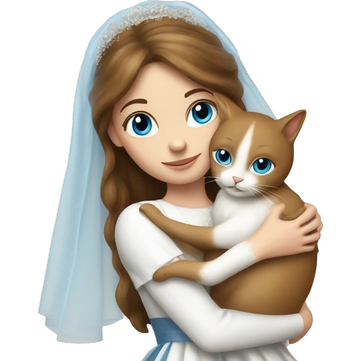A girl with brown hare and blue eyes hugging a white cat of Britain bride emoji