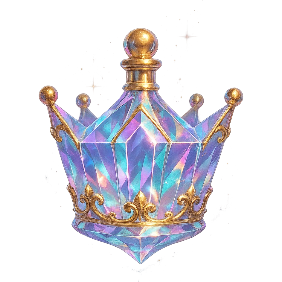 premium class crystal elixir bottle shaped like a crown, pastel gradient, lots of glowing highlights, facets, ornaments, golden details, magical effects, very small golden neck, transparent background, beautiful merging base, clearly floating in air, no base or shadow, very luxurious, interesting, fits collection emoji