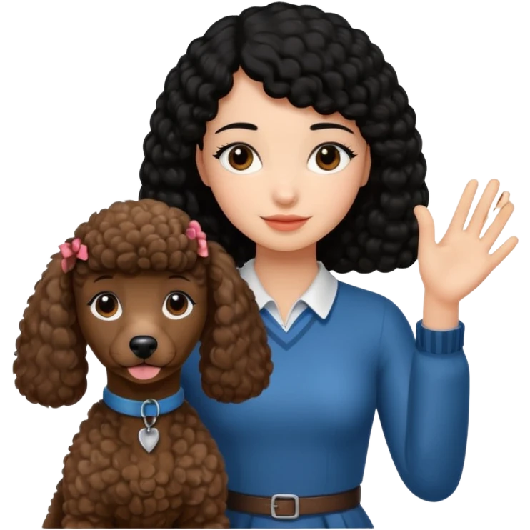 A black hair girl saying byebye with hand shaking a with a brown poodle emoji