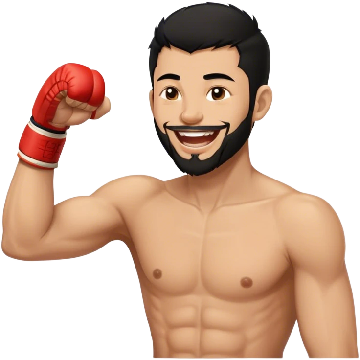 Minimal emoji of a guy, Trimmed beard, medium-length black hair, short sides, hair forward, muay thai fighter laughing. Profile Detail emoji