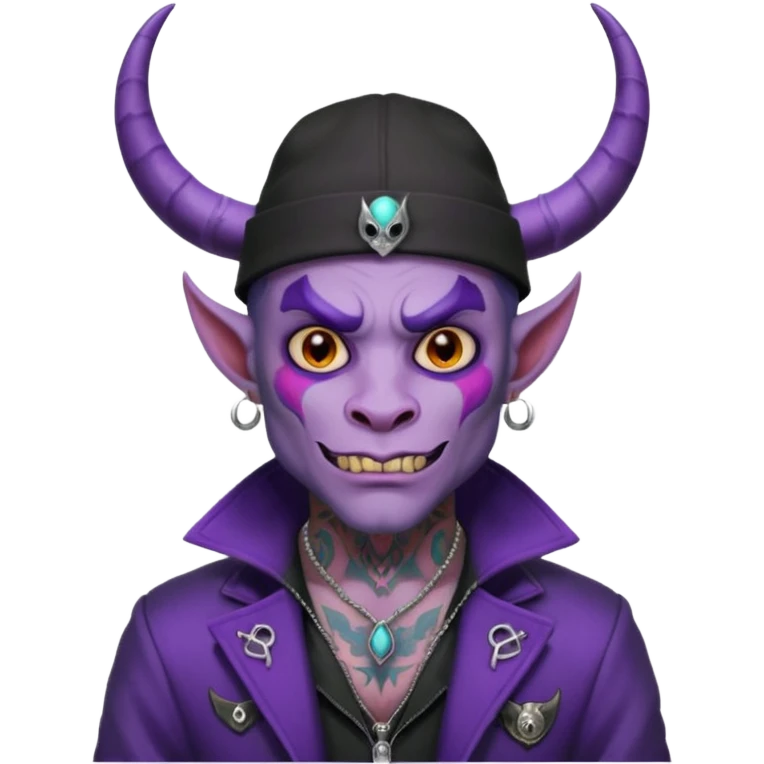 purple demon with tattoos, hat, jacket and horns emoji