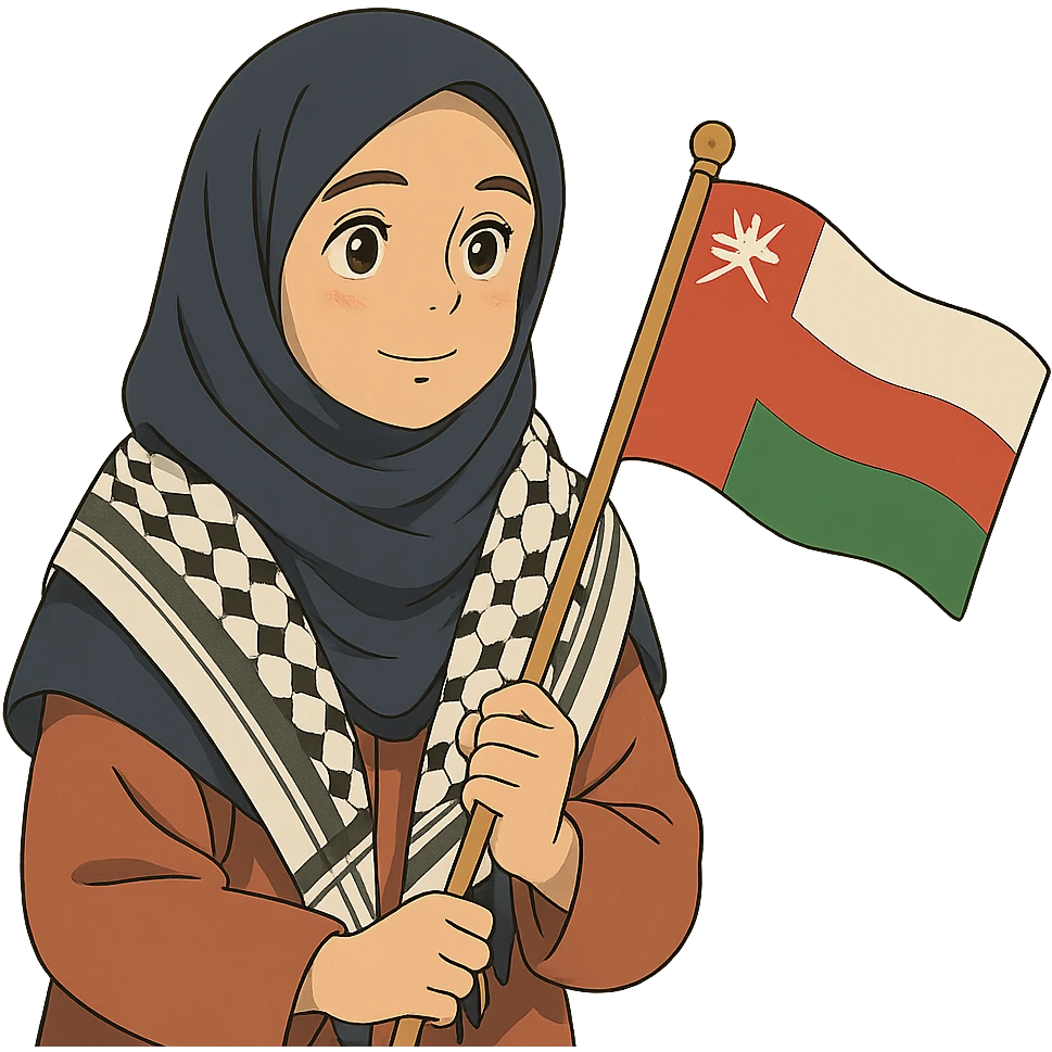 ghibli style a hijab-wearing girl wearing the Palestinian keffiyeh and holding the Oman flag emoji