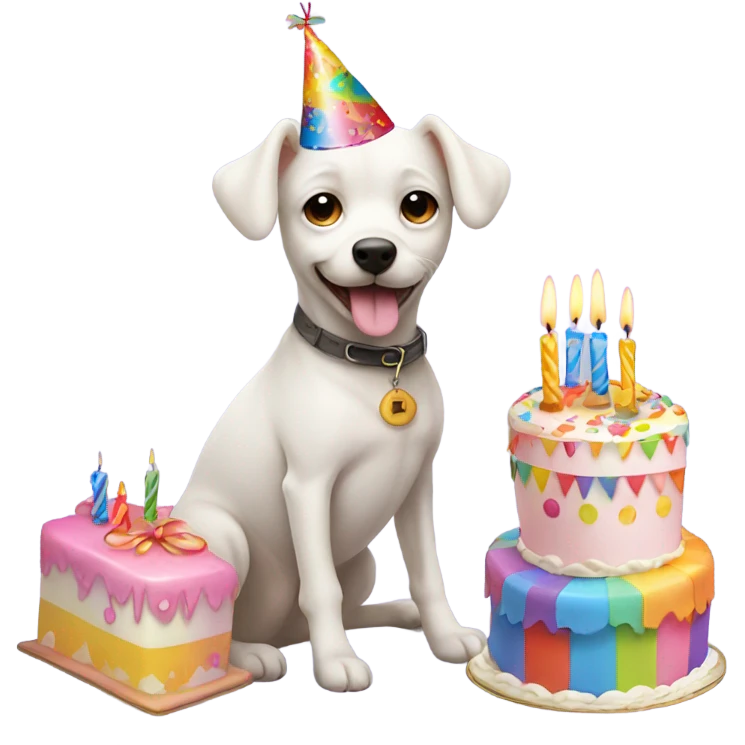 White male small dog wearing birthday hat with a cake  emoji