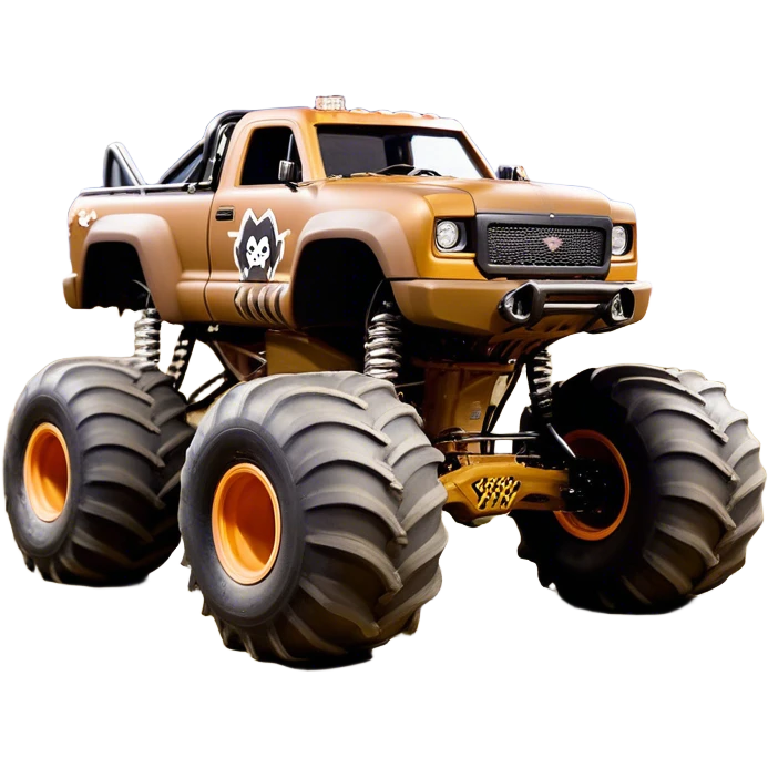 Monster Mutt - Monster Jam (Model Year: 2021) (Iconic colour: Brown with dog features) - A unique monster truck with playful, dog-inspired design cues. The vehicle is painted in warm brown tones and features subtle dog motifs (such as a stylized snout or ear shapes). It should blend the rugged power of a monster truck with quirky, endearing canine features. emoji