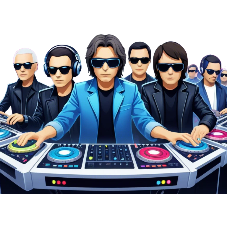 Icon for Electronic Music: Jean-Michel Jarre, Moby, DJ Tiesto, and Jorn van Deynhoven performing with synthesizers, turntables, and futuristic lighting effects. The design should evoke the vibrant and immersive atmosphere of electronic music festivals. Transparent background. emoji