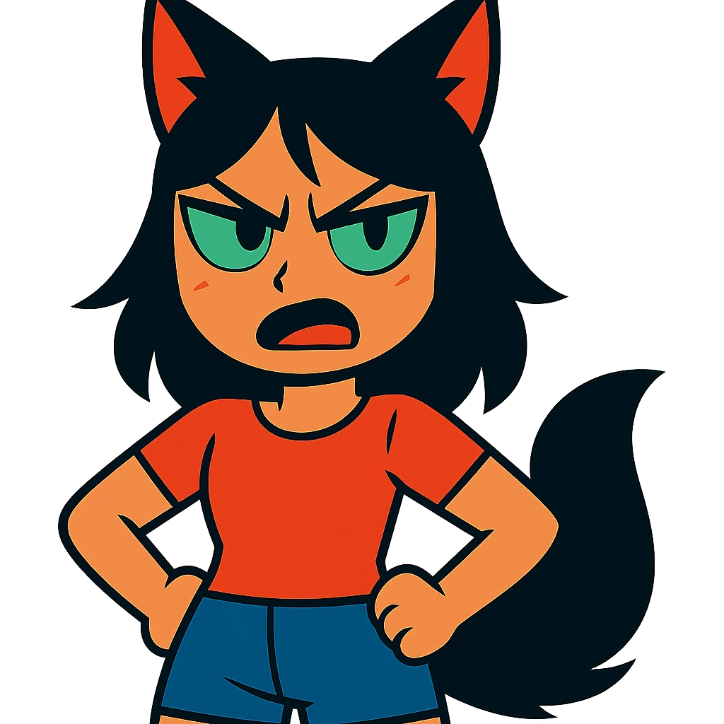 A girl with black fox ears and a tail, green eyes, dark hair, looking angry emoji