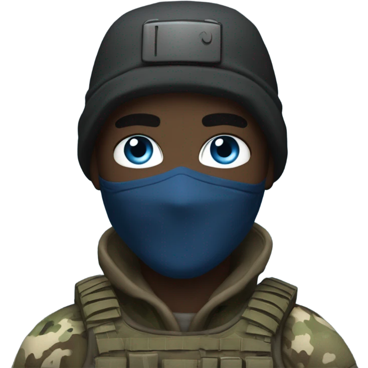male, pale skin, call of duty black face mask, camo tactical gear, combat boots, black beanie, blue eyes emoji
