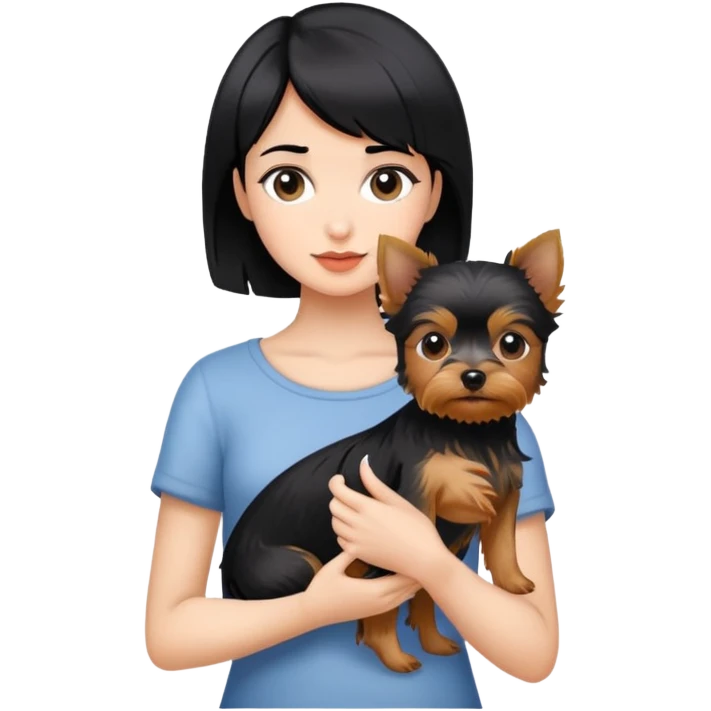 A beautiful girl with short black hair holding a Yorkshire Terrier emoji