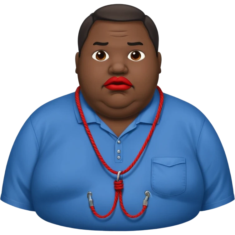 an extremely obese man with extremely dark skin and giant red lips wearing a blue-and-gray shirt and a noose around his neck emoji