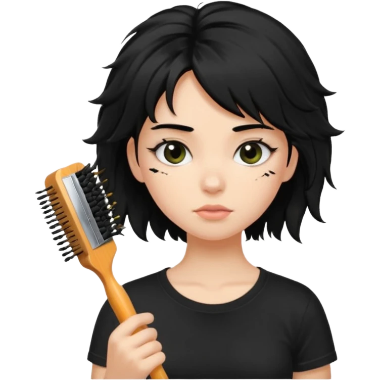 a pretty bratz fair girl with messy shaggy black hair with mascara smudged wearing a tight black tee with a hair brush stuck in hair emoji