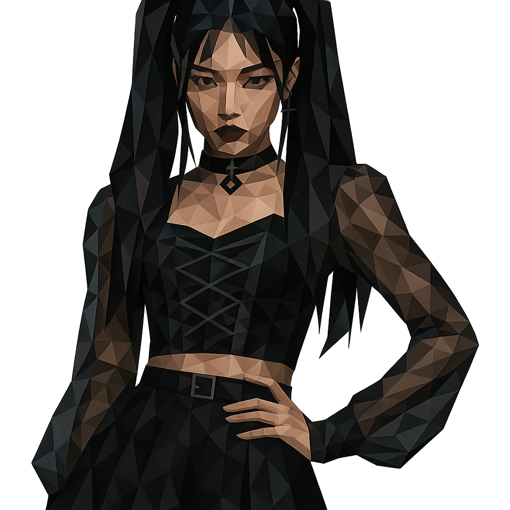 K-pop inspired gothic girl, polygonal style, geometric shapes, dark color palette, stylish stage outfit emoji