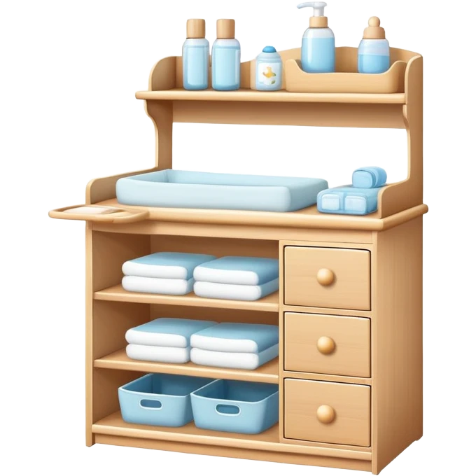 baby changing table set with drawers, shelves, changing pad, and baby care accessories emoji