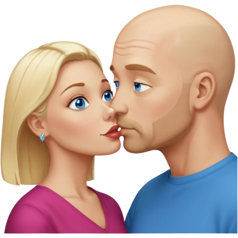 middle age bald man with salt and blonde scruff, blue eyes and blonde woman with blue eyes kissing each other emoji