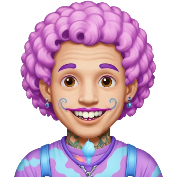 very cheerful colorful puffy violet curly haired man made out of cotton candy wearing teeth-braces and tattoos and face tattoos just face  emoji