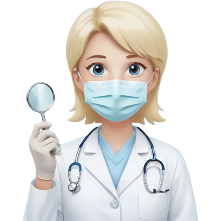 A minimalistic bust of a dentist wearing a white medical coat and a light blue surgical mask. The figure has expressive yet simplified eyes, and a small tooth icon is clearly displayed on the coat pocket. The dentist holds a minimalistic dental mirror in one hand, slightly raised, reinforcing the profession. The background features a simple white tooth icon or a subtle dental cross. The overall style is sleek, modern, and minimalistic, with clean lines and soft shading, following an emoji aesthetic. emoji